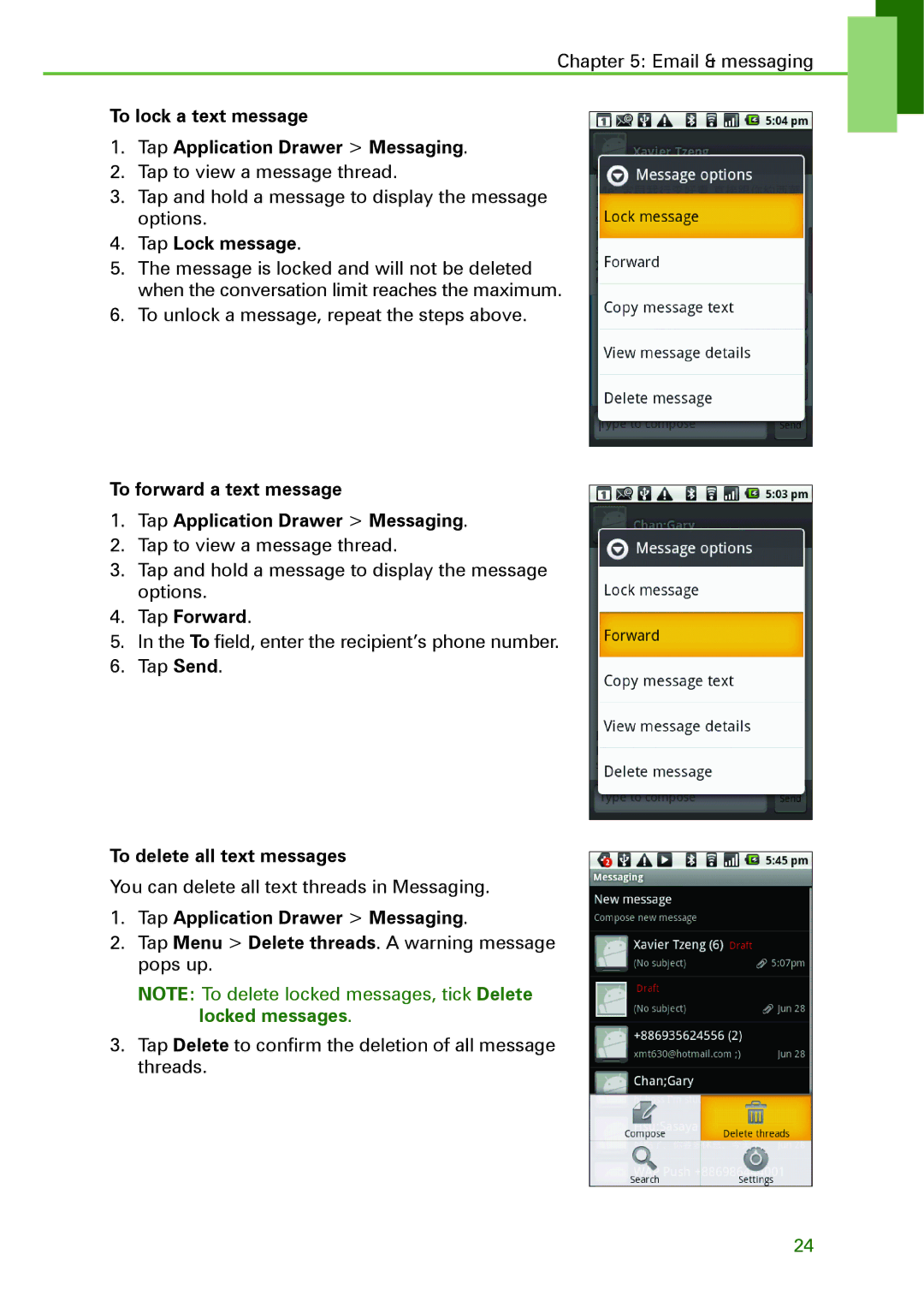 Motorola XT502 manual To lock a text message Tap Application Drawer Messaging, Tap Lock message, Tap Forward 