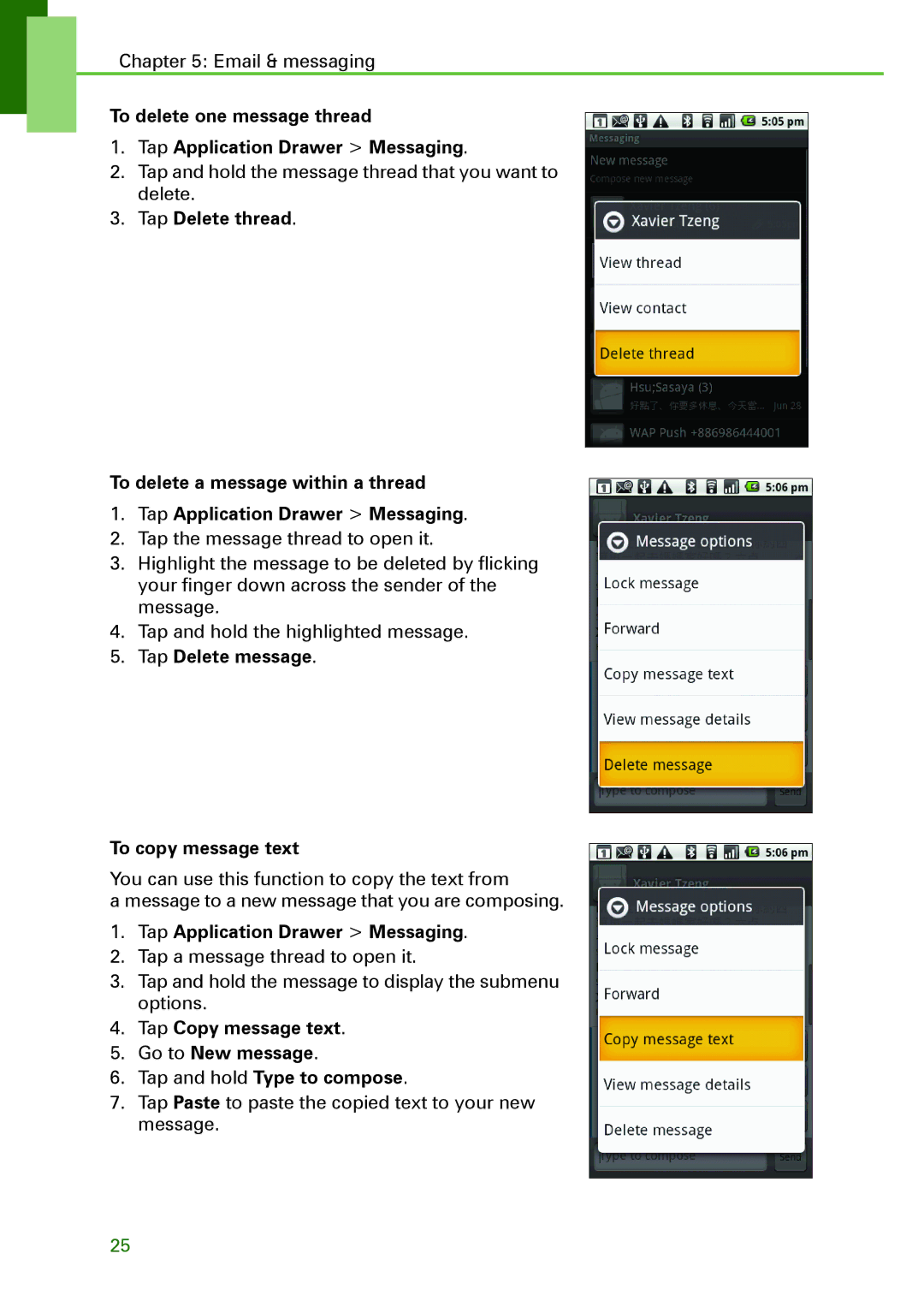 Motorola XT502 manual Tap Delete message To copy message text 