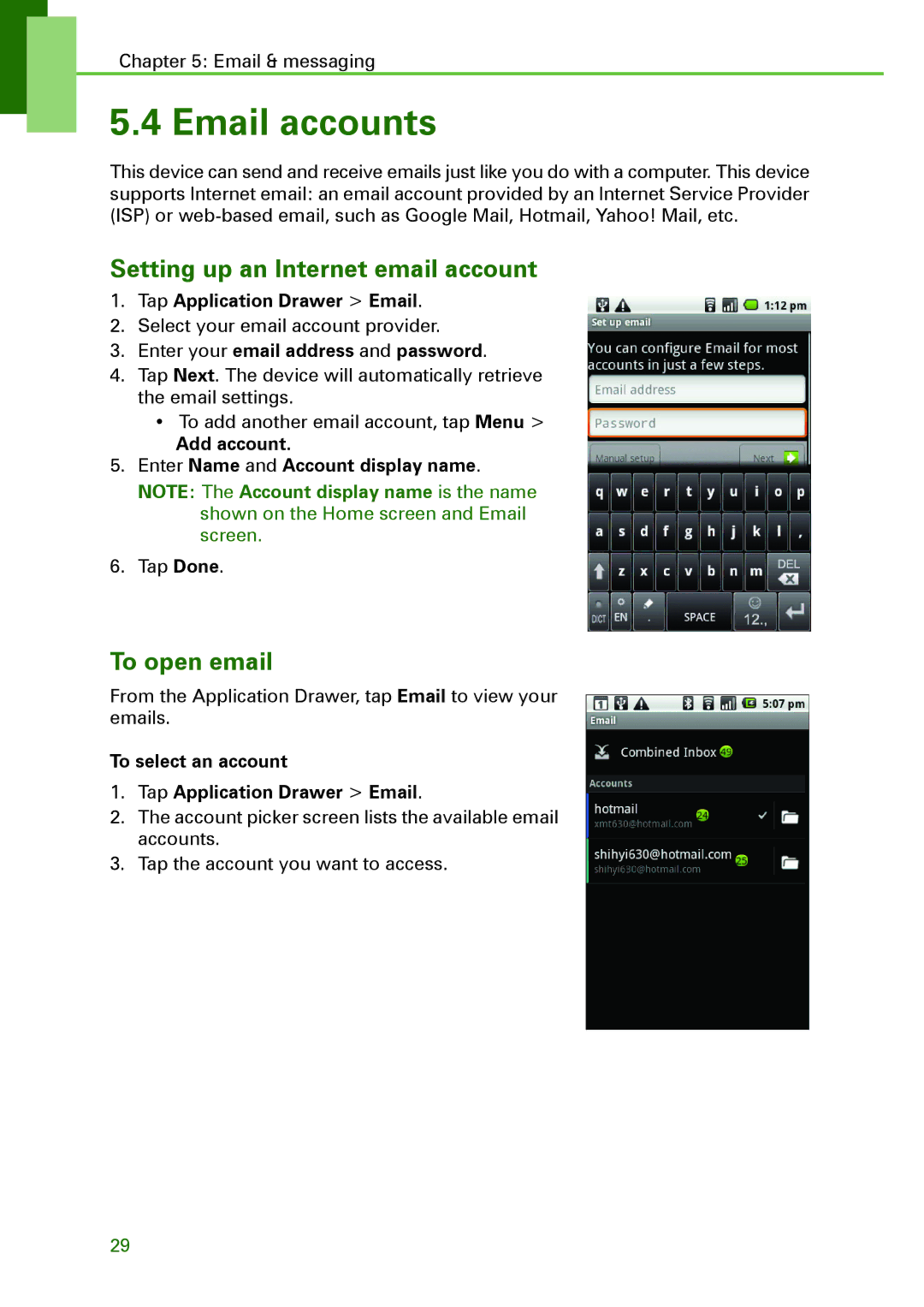 Motorola XT502 manual Email accounts, Setting up an Internet email account, To open email 