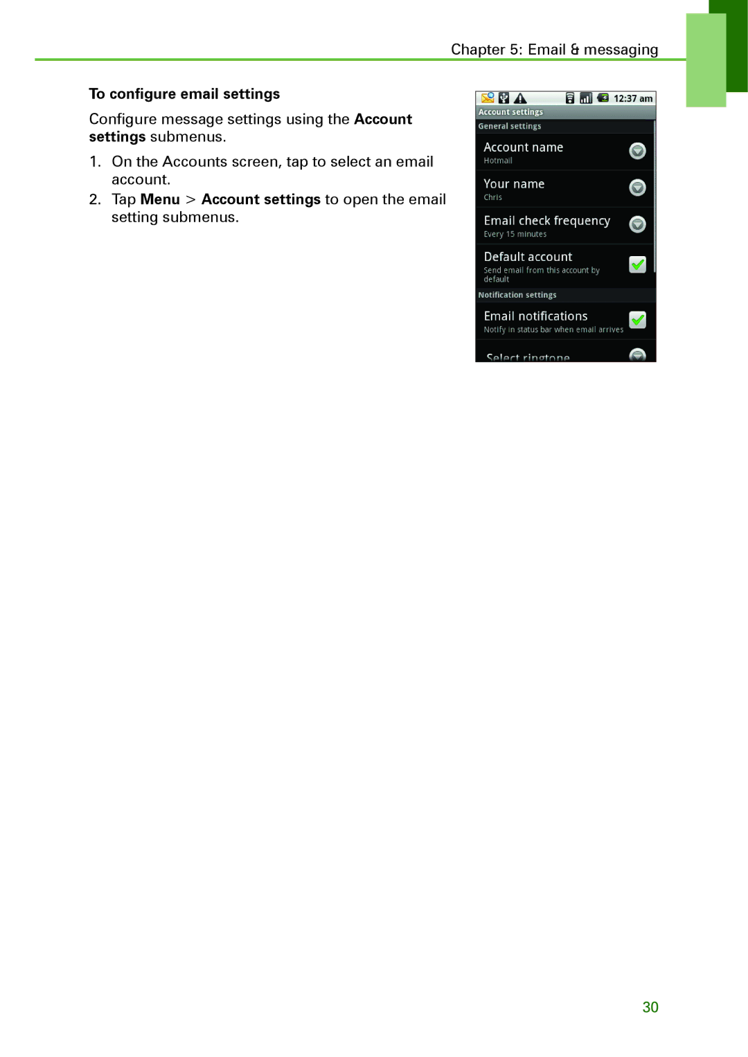 Motorola XT502 manual To configure email settings 