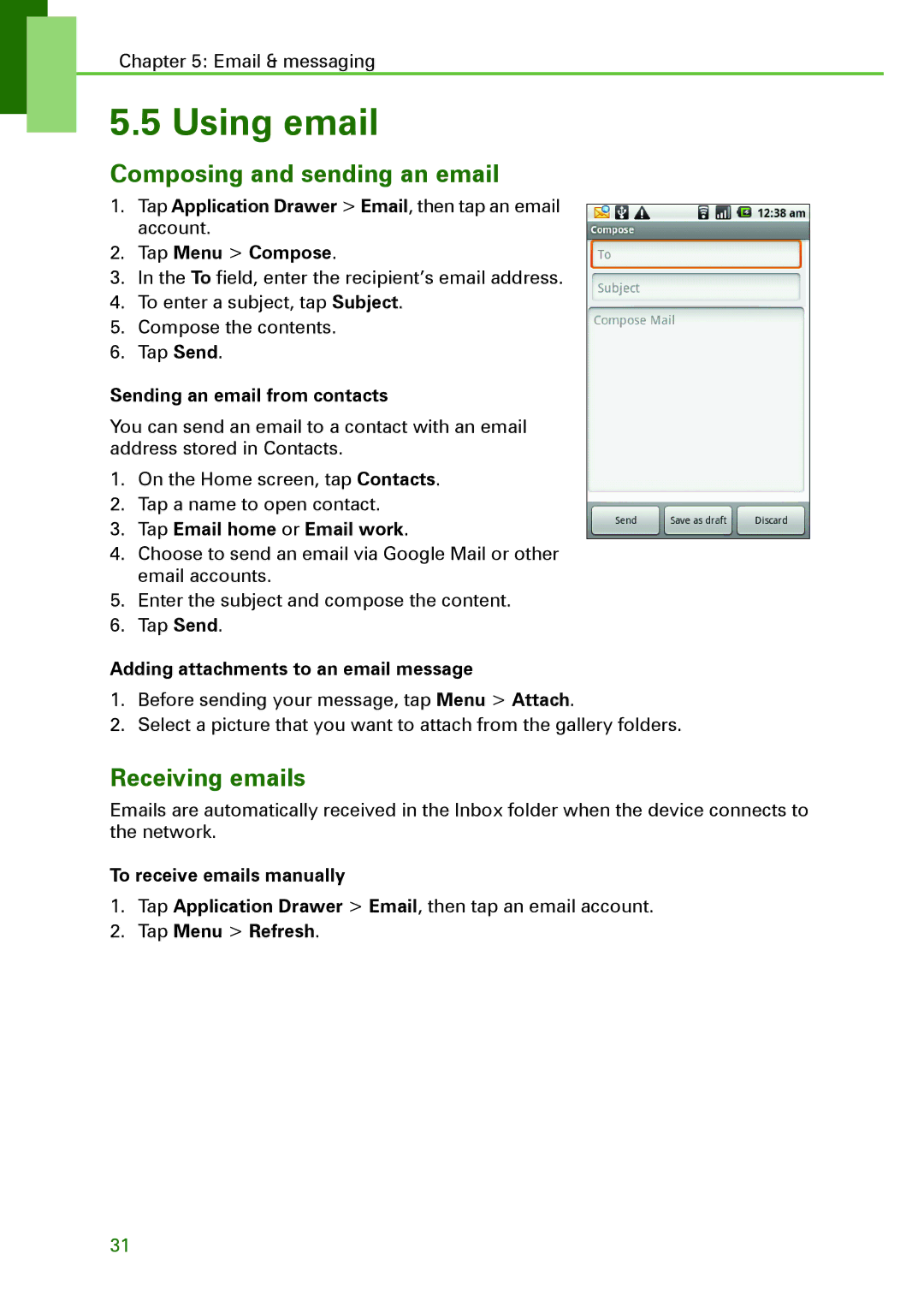 Motorola XT502 manual Using email, Composing and sending an email, Receiving emails 