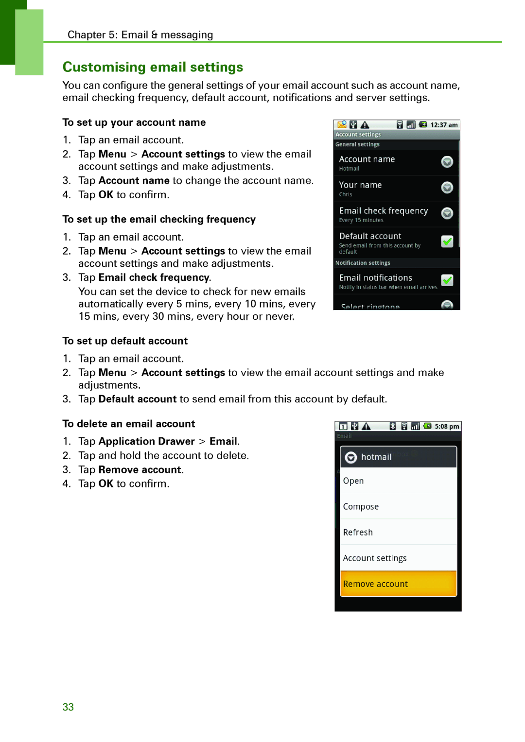 Motorola XT502 manual Customising email settings 