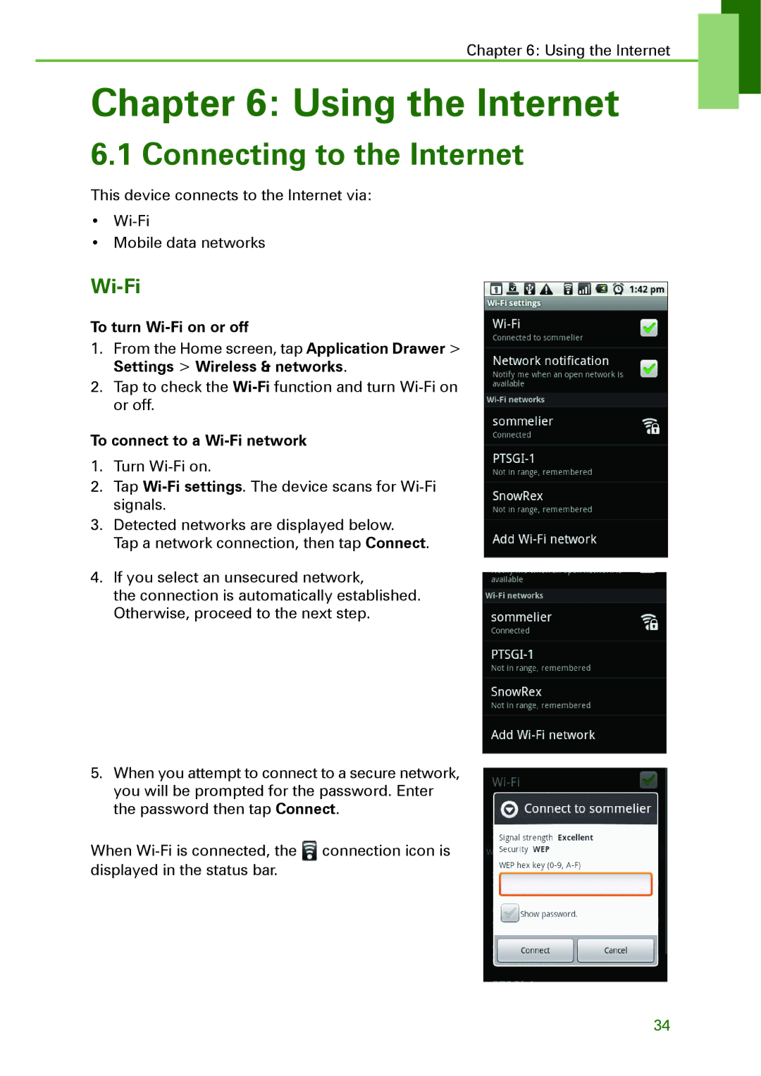 Motorola XT5 Using the Internet, Connecting to the Internet, To turn Wi-Fi on or off, To connect to a Wi-Fi network 