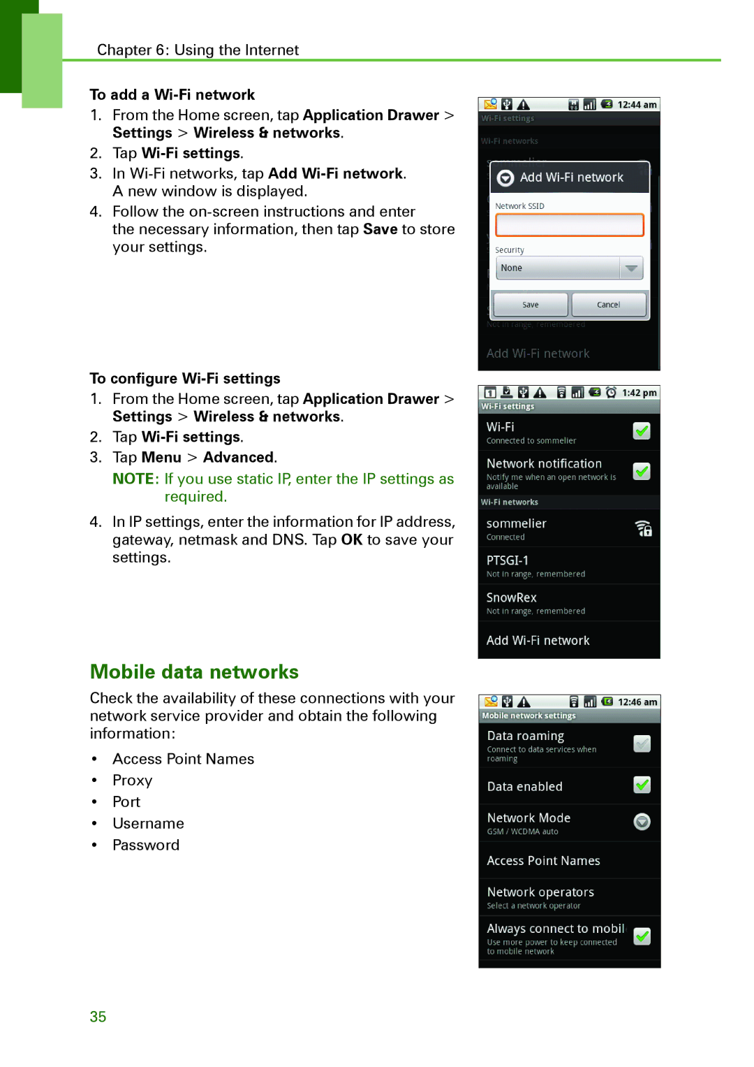 Motorola XT502 manual Mobile data networks, To add a Wi-Fi network, Tap Wi-Fi settings, To configure Wi-Fi settings 