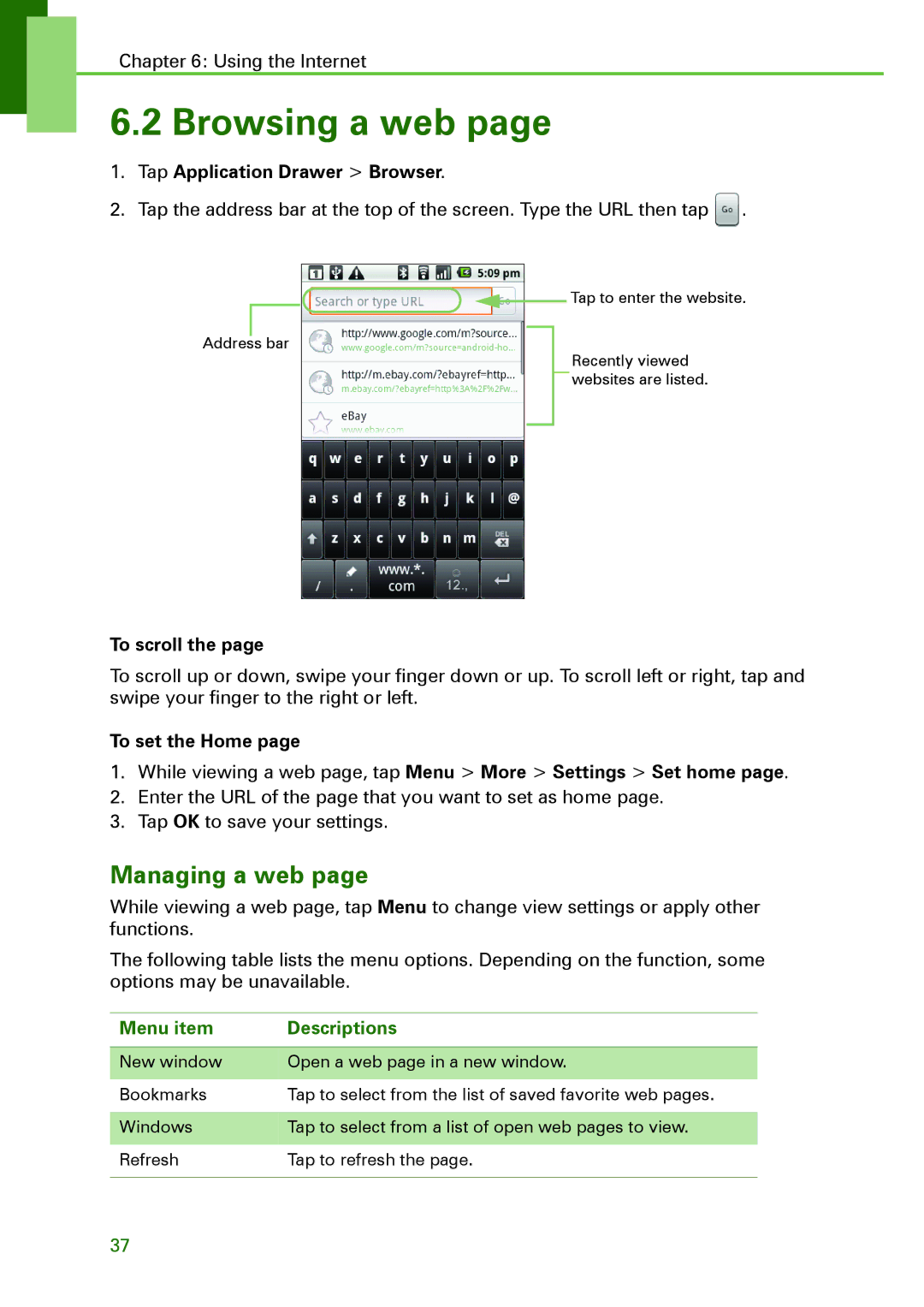 Motorola XT502 manual Browsing a web, Managing a web, Tap Application Drawer Browser, To scroll, To set the Home 