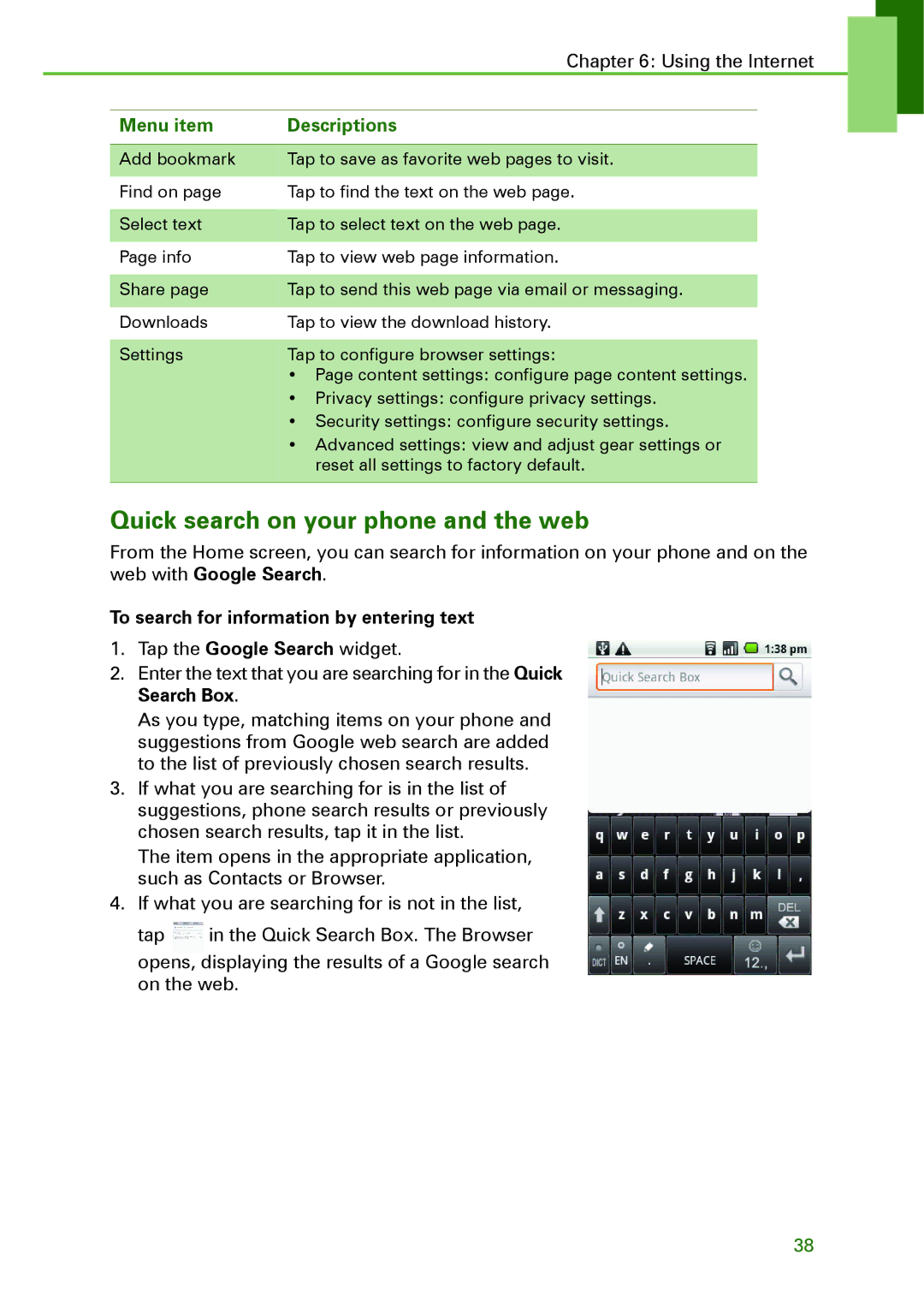 Motorola XT502 manual Quick search on your phone and the web, To search for information by entering text 