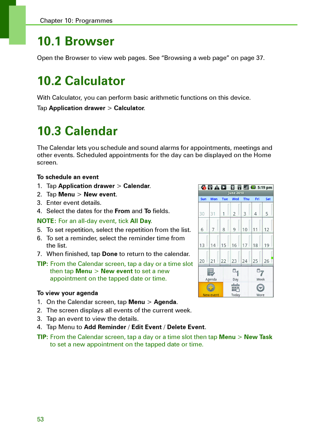 Motorola XT502 manual Browser, Calculator, Calendar 