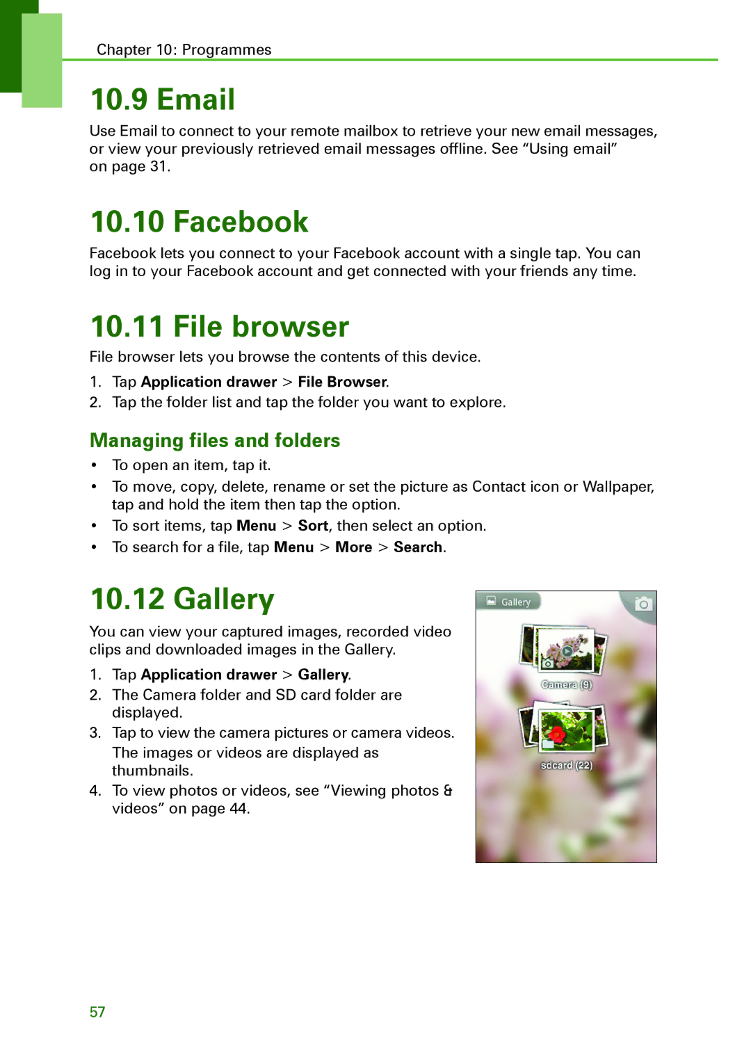 Motorola XT502 manual Facebook, File browser, Gallery, Managing files and folders, Tap Application drawer File Browser 