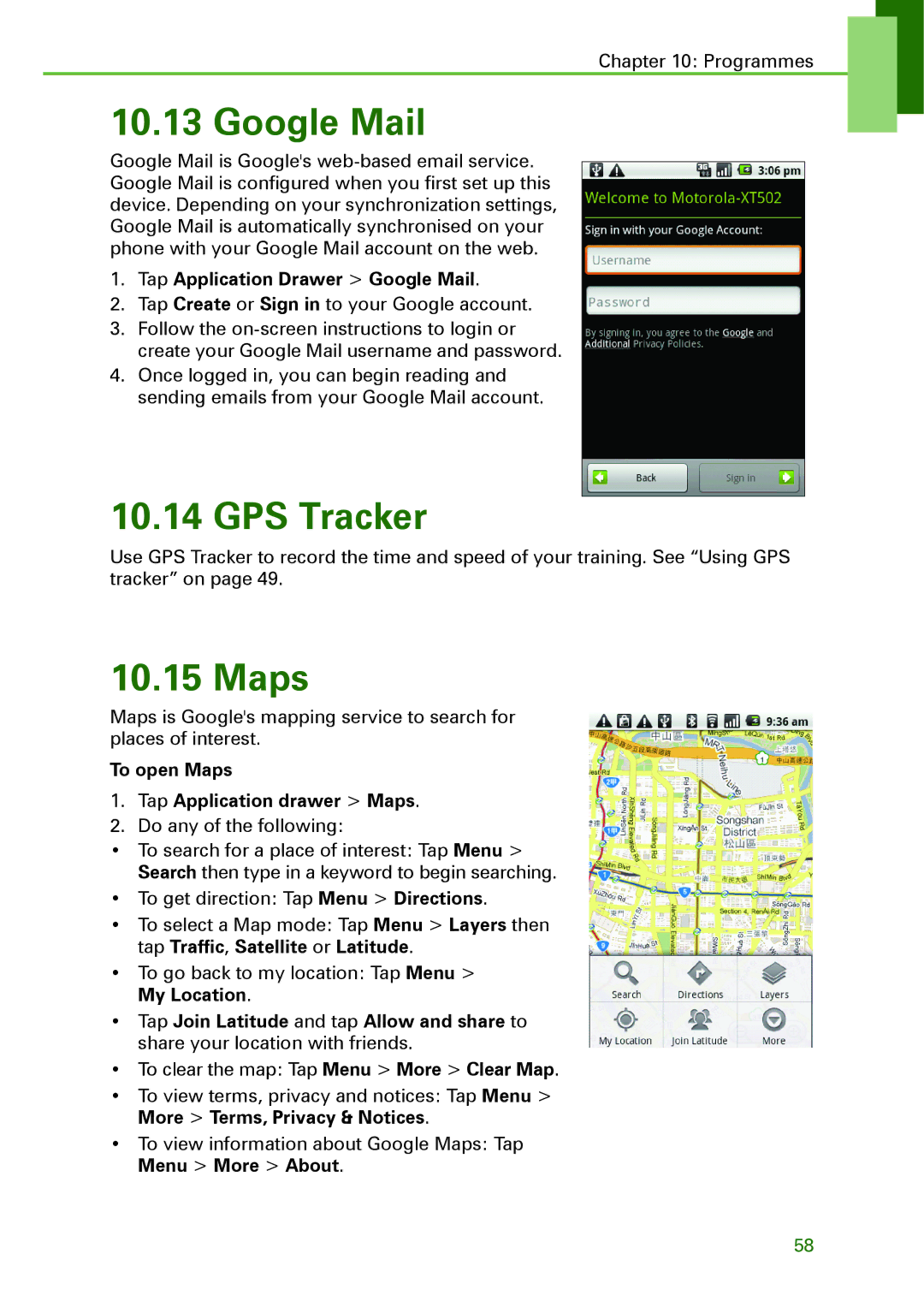 Motorola XT502 manual GPS Tracker, Tap Application Drawer Google Mail, To open Maps Tap Application drawer Maps 