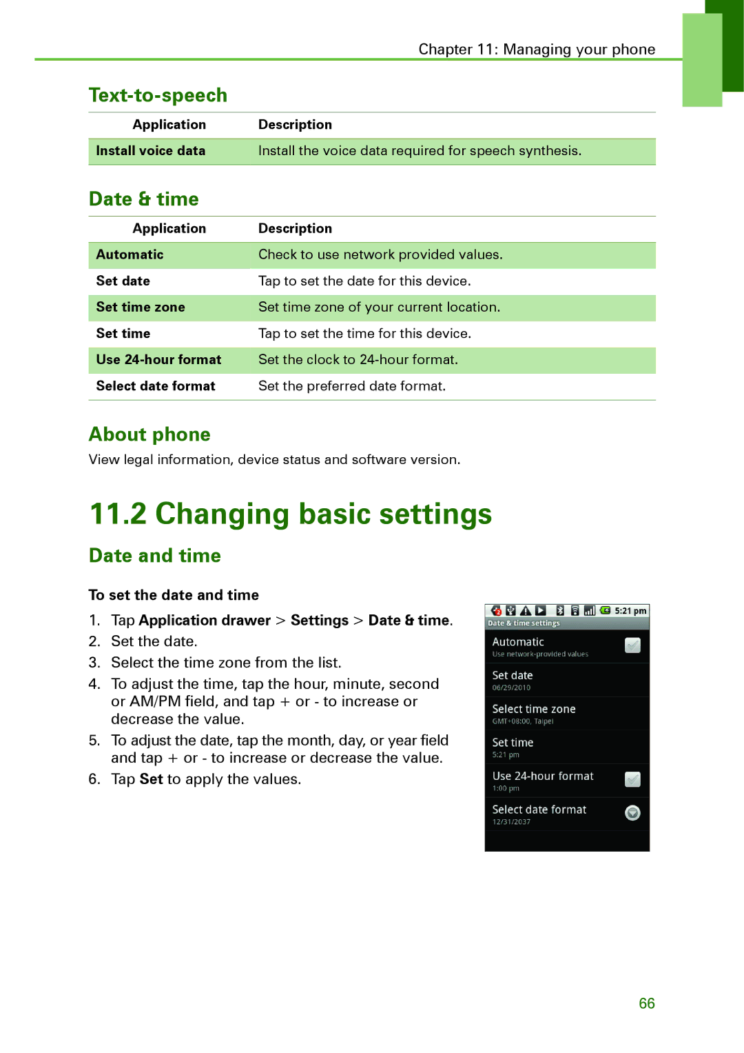 Motorola XT502 manual Changing basic settings, Text-to-speech, Date & time, About phone, Date and time 