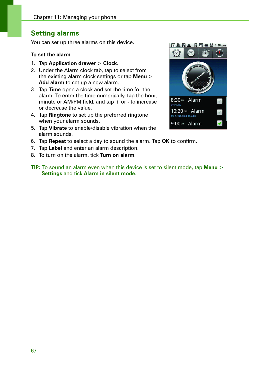 Motorola XT502 manual Setting alarms, To set the alarm Tap Application drawer Clock 