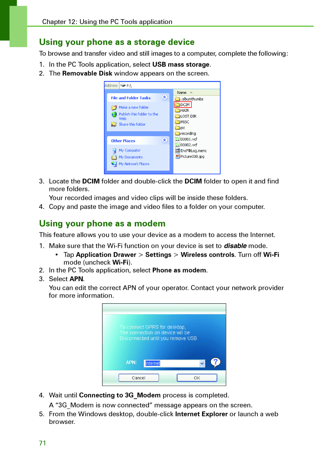 Motorola XT502 manual Using your phone as a storage device, Using your phone as a modem 