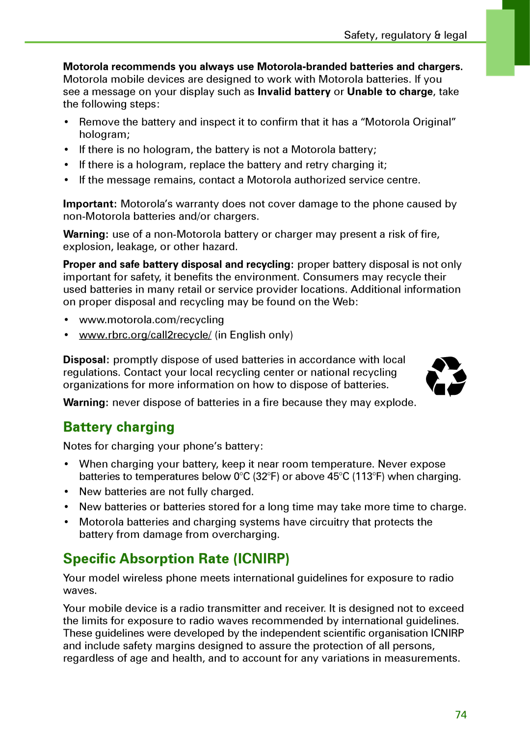 Motorola XT502 manual Battery charging, Specific Absorption Rate Icnirp 