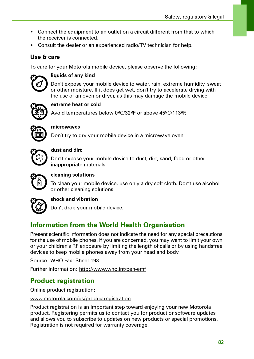 Motorola XT502 manual Information from the World Health Organisation, Product registration 