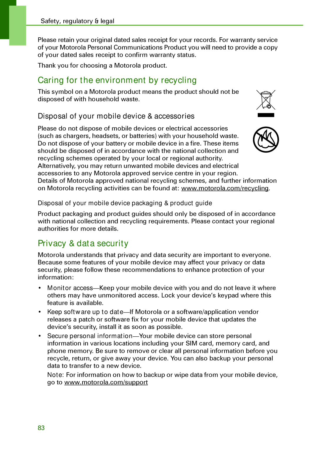 Motorola XT502 manual Caring for the environment by recycling, Privacy & data security 