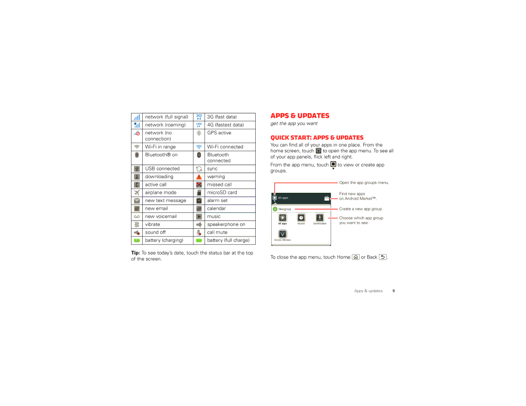 Motorola XT875 manual Quick start Apps & updates, To close the app menu, touch Home or Back 