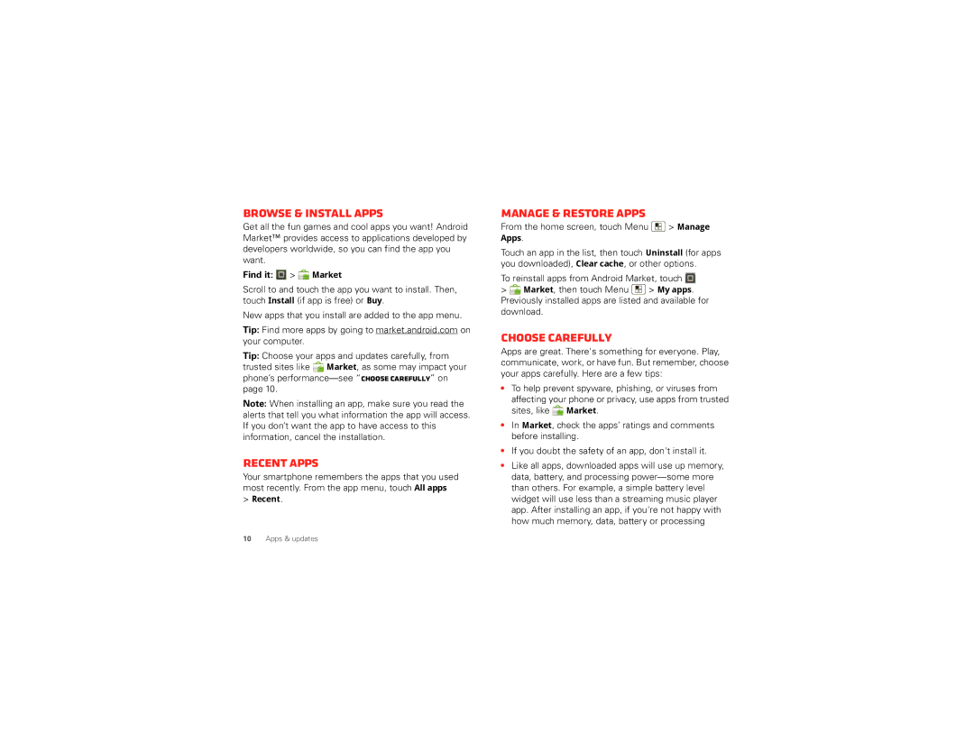 Motorola XT875 manual Browse & install apps, Recent apps, Manage & restore apps, Choose carefully, Find it Market 