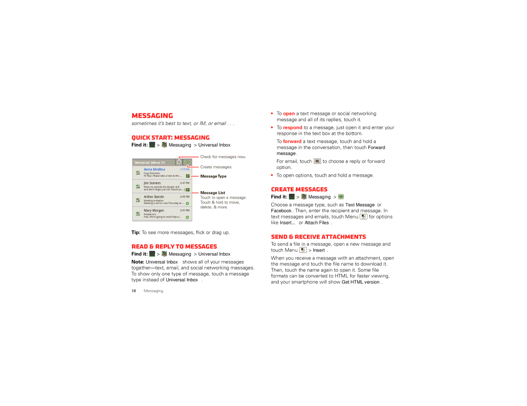 Motorola XT875 manual Quick start Messaging, Read & reply to messages, Create messages, Send & receive attachments 