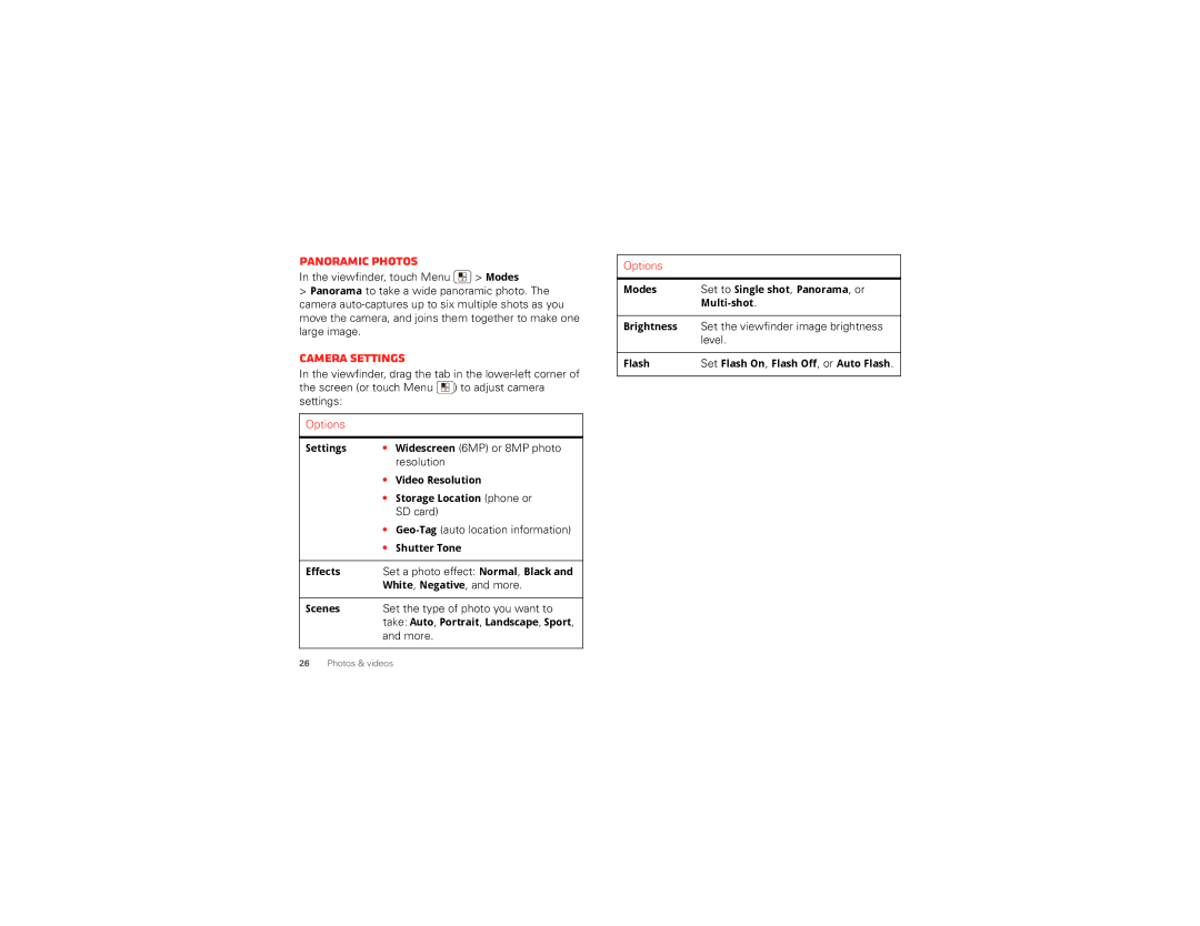 Motorola XT875 manual Panoramic photos, Camera settings 