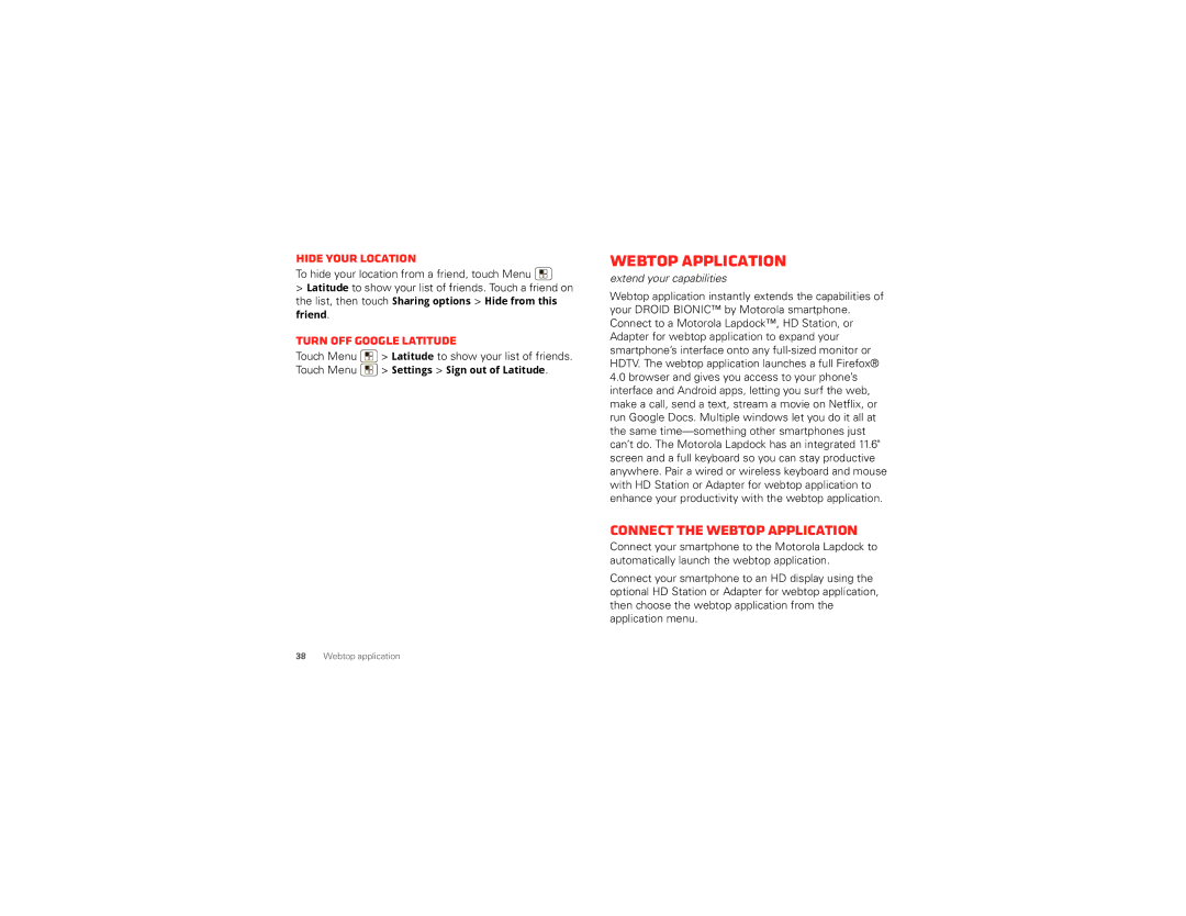 Motorola XT875 manual Webtop application, Connect the webtop application, Hide your location, Turn off Google Latitude 