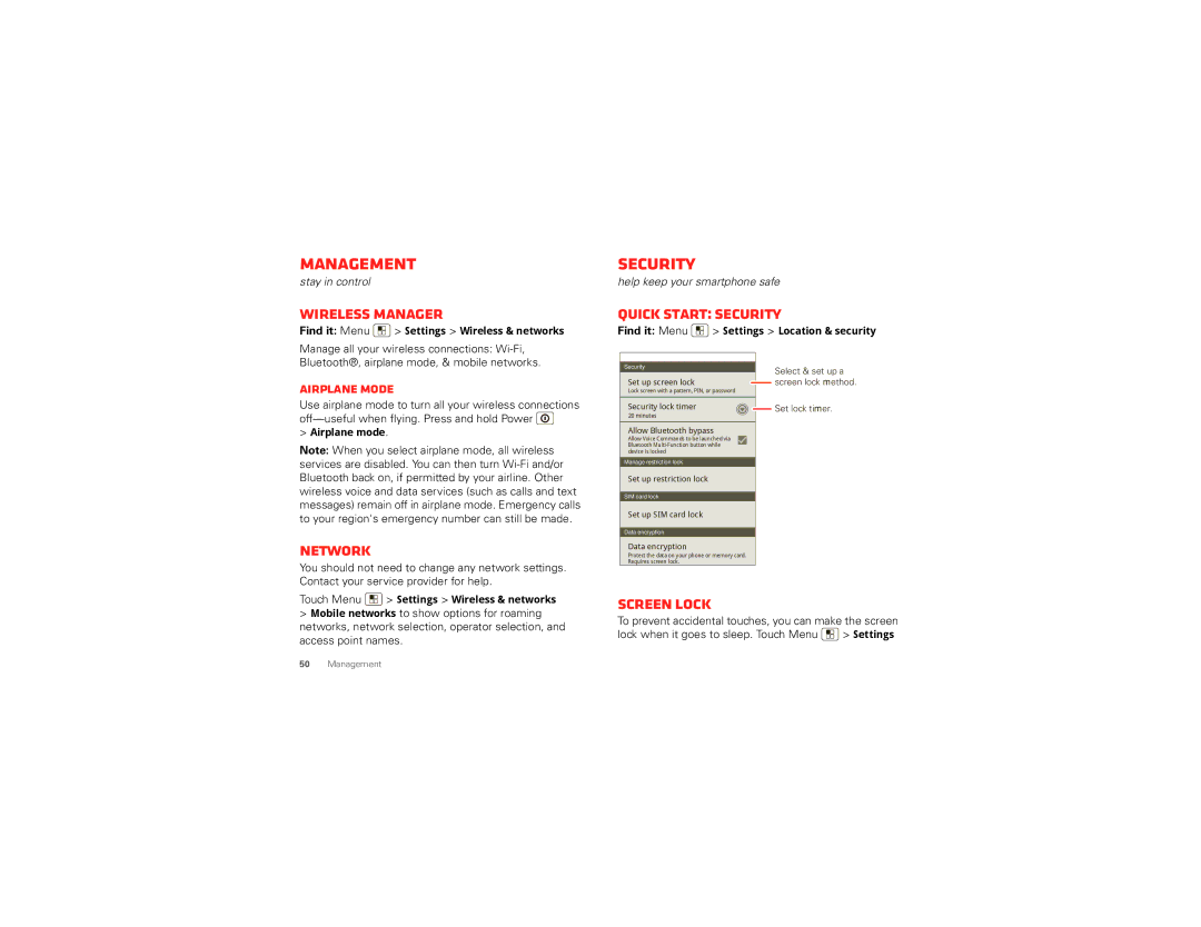 Motorola XT875 manual Management, Security 