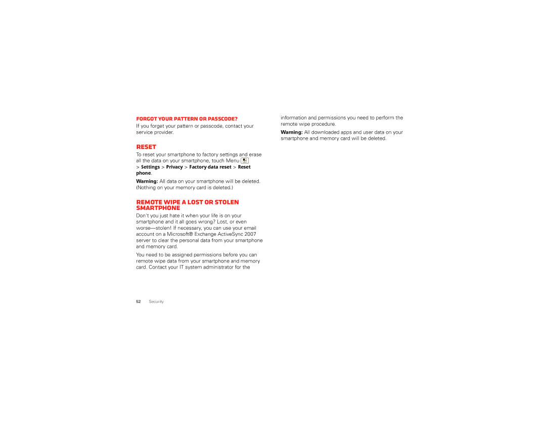 Motorola XT875 manual Reset, Remote wipe a lost or stolen smartphone, Forgot your pattern or passcode? 