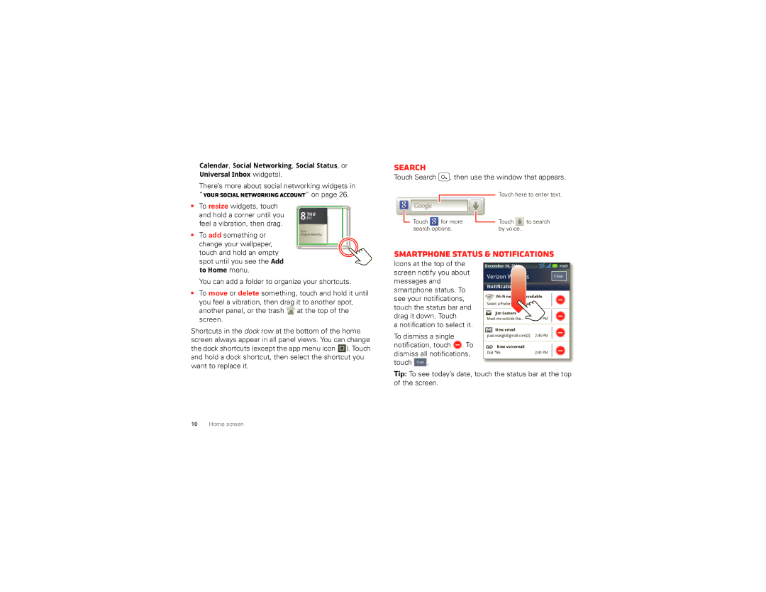 Motorola XT894 manual Search, Smartphone status & notifications 