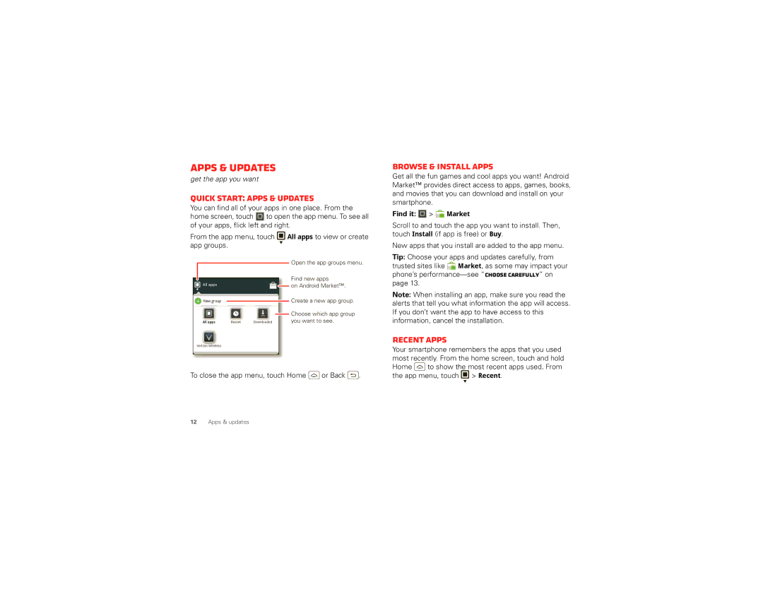 Motorola XT894 manual Quick start Apps & updates, Browse & install apps, Recent apps 