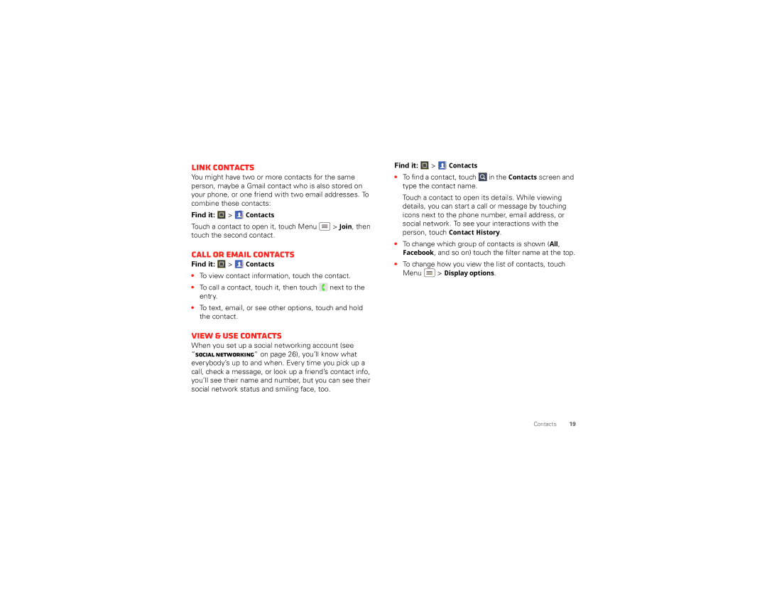 Motorola XT894 manual Link contacts, Call or email contacts, View & use contacts, Menu Display options 