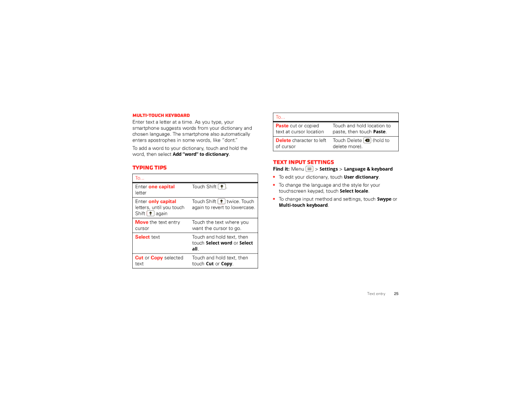 Motorola XT894 manual Text input settings, Multi-touch keyboard 