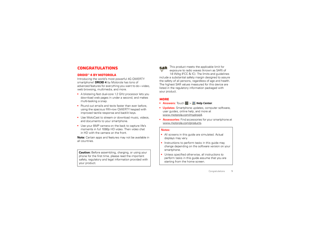 Motorola XT894 manual Congratulations, Droid 4 by Motorola, More, Answers Touch Help Center 