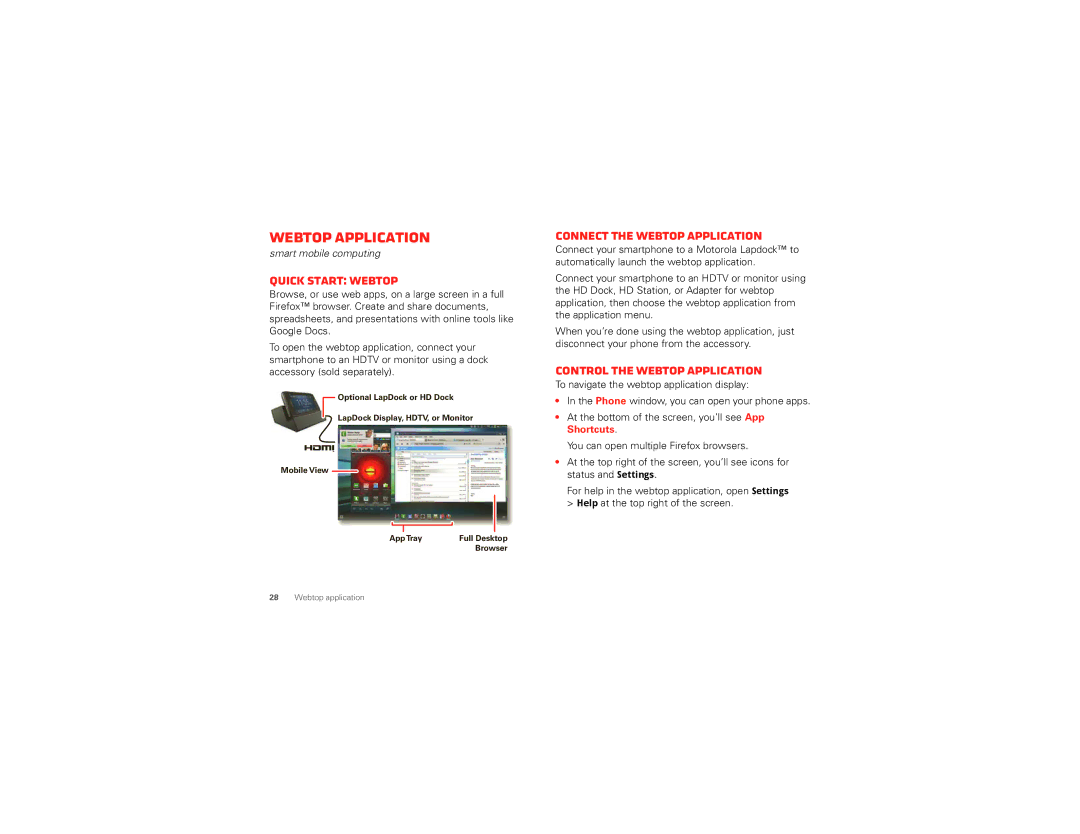 Motorola XT894 Webtop application, Quick start Webtop, Connect the webtop application, Control the webtop application 