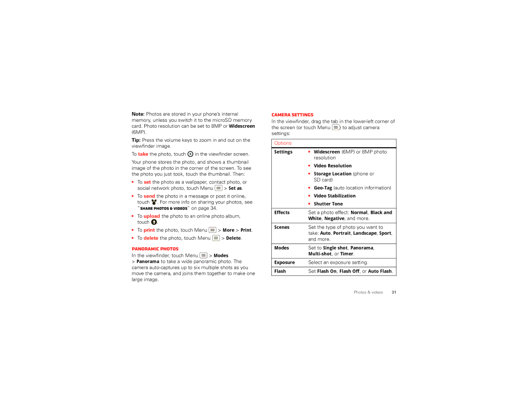 Motorola XT894 manual Panoramic photos, Camera settings 