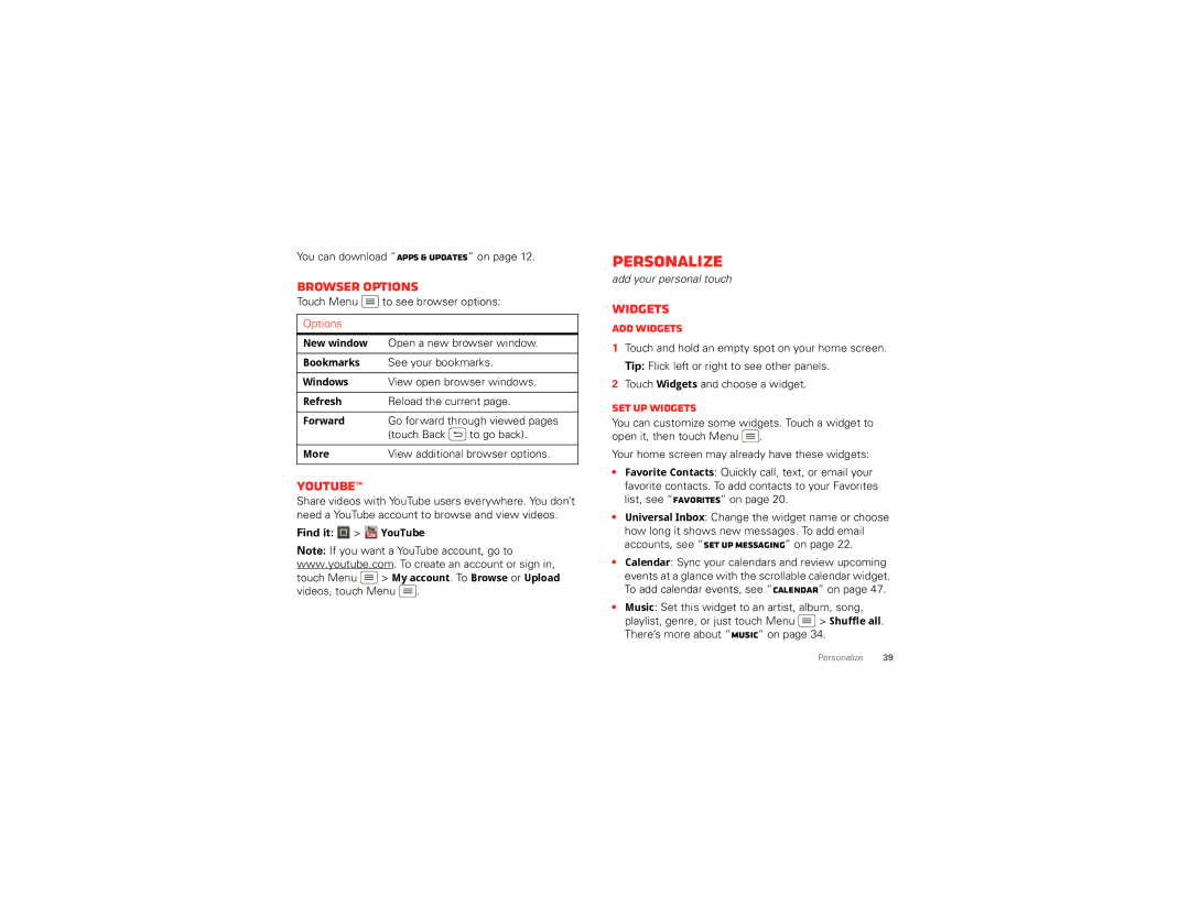 Motorola XT894 manual Personalize, Browser options, YouTube, Widgets 