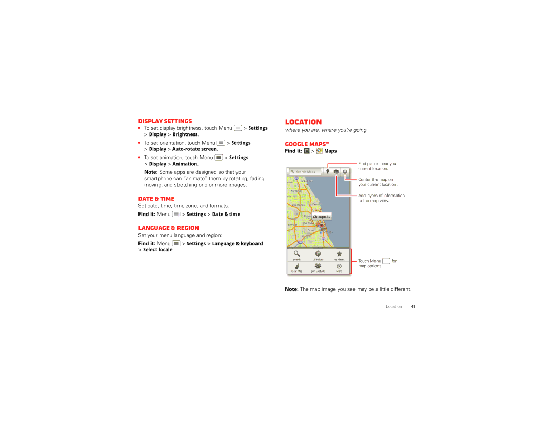 Motorola XT894 manual Location, Display settings, Date & time, Language & region, Google Maps 