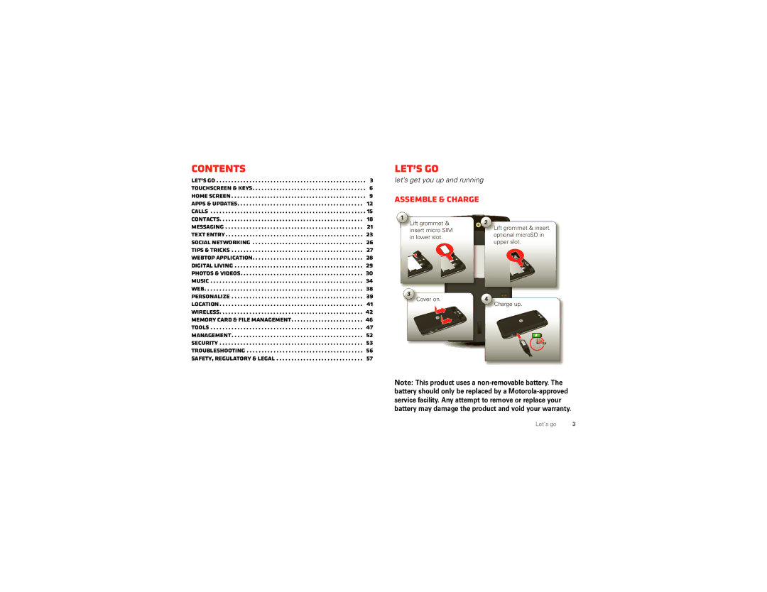 Motorola XT894 manual Contents, Let’s go, Assemble & charge 