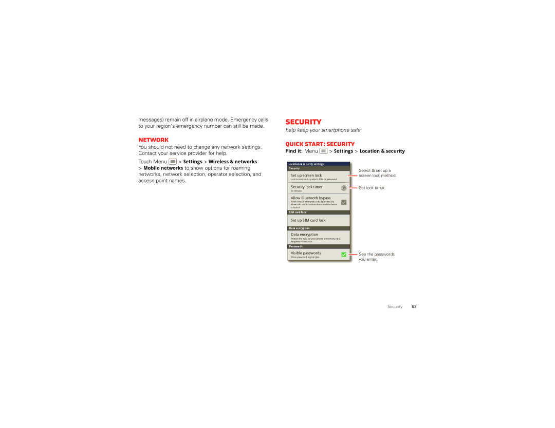 Motorola XT894 manual Network, Quick start Security 