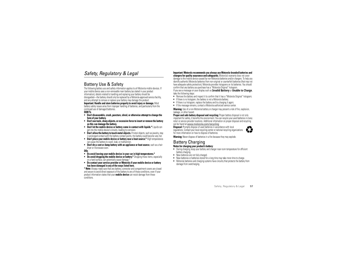 Motorola XT894 manual Battery Use & Safety, Battery Charging 