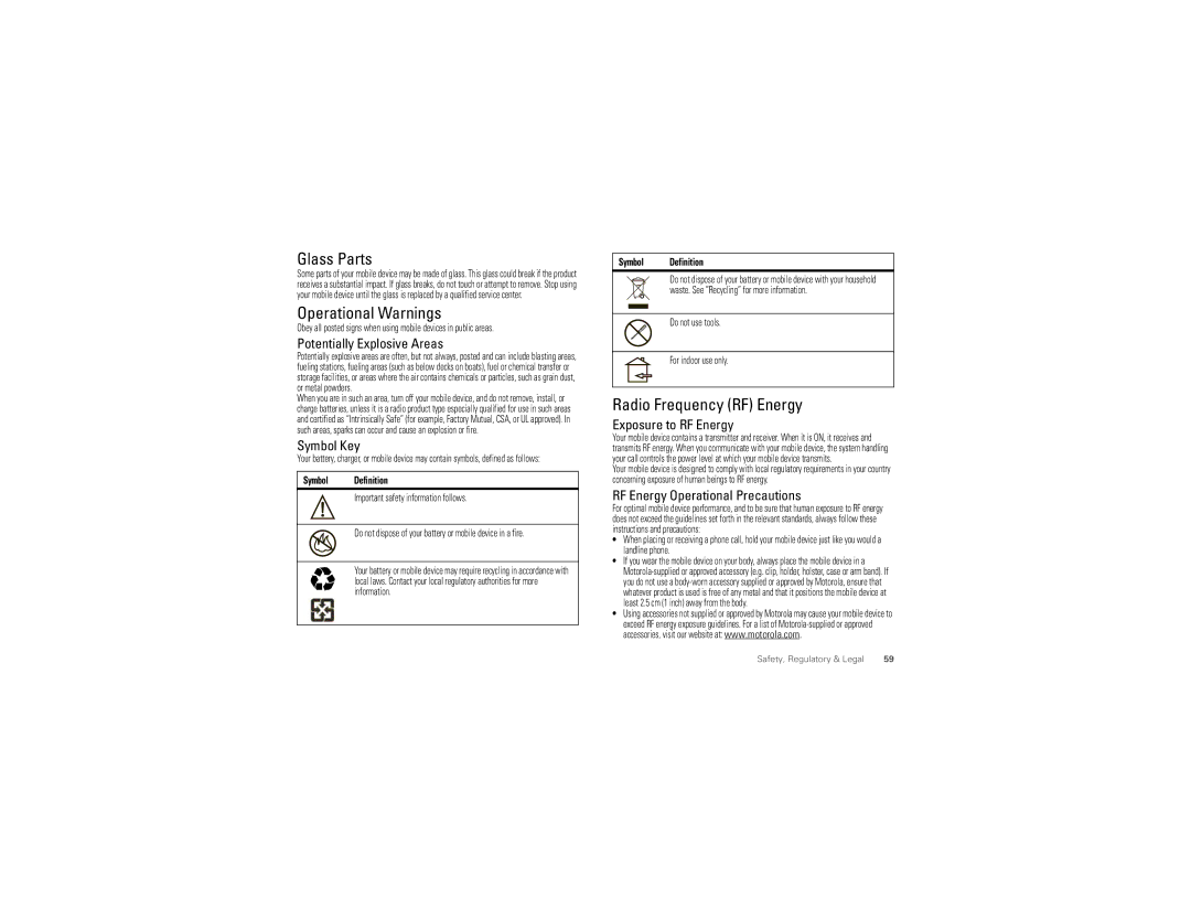 Motorola XT894 manual Glass Parts, Operational Warnings, Radio Frequency RF Energy 