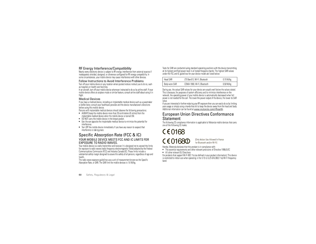 Motorola XT894 manual Specific Absorption Rate FCC & IC, European Union Directives Conformance Statement 