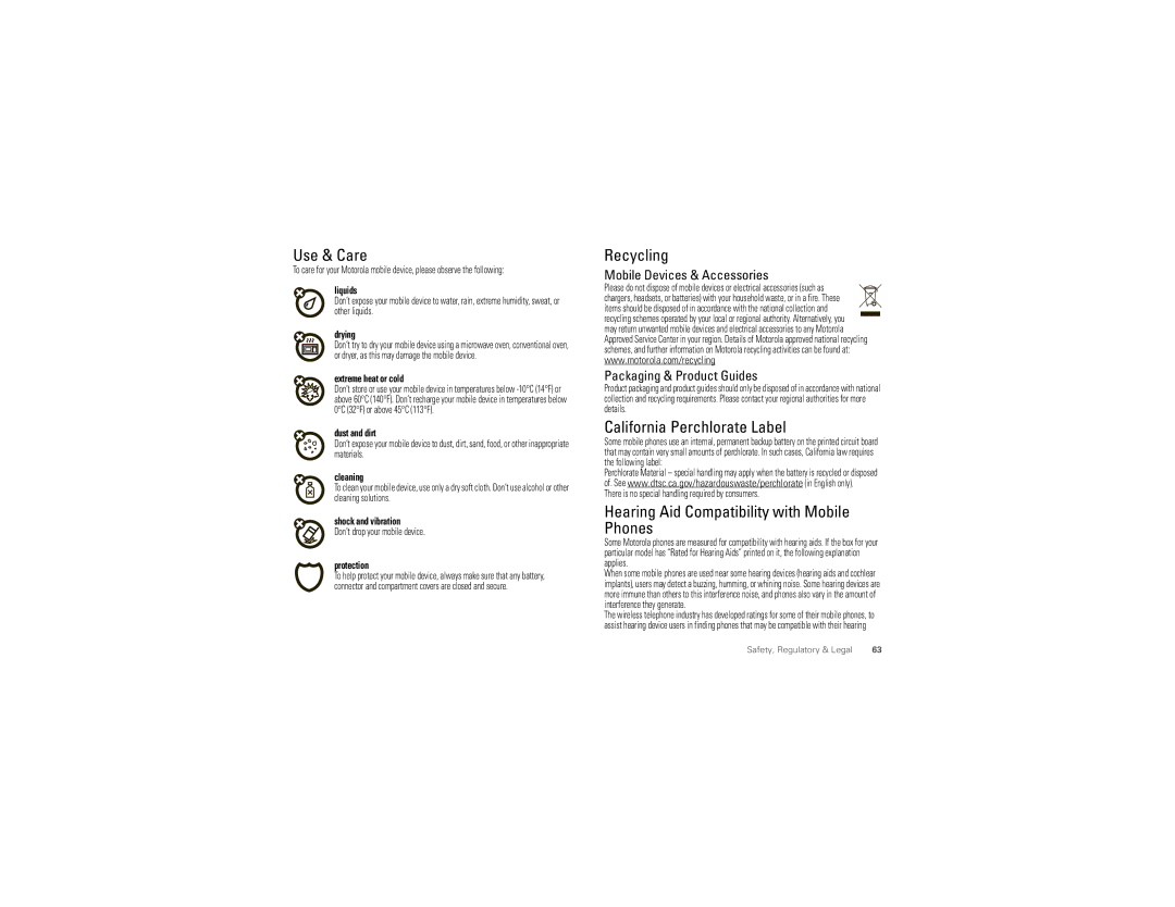 Motorola XT894 manual Use & Care, Recycling, California Perchlorate Label, Hearing Aid Compatibility with Mobile Phones 