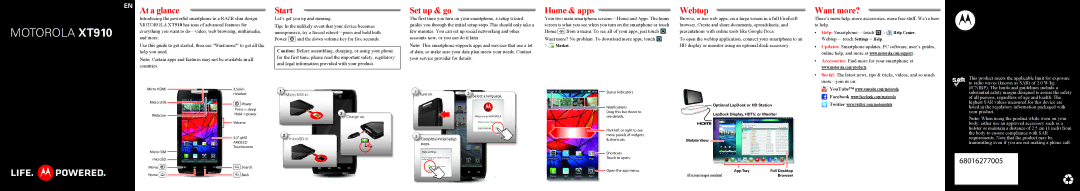 Motorola XT910 manual EN At a glance, Start, Set up & go, Webtop, Want more? 