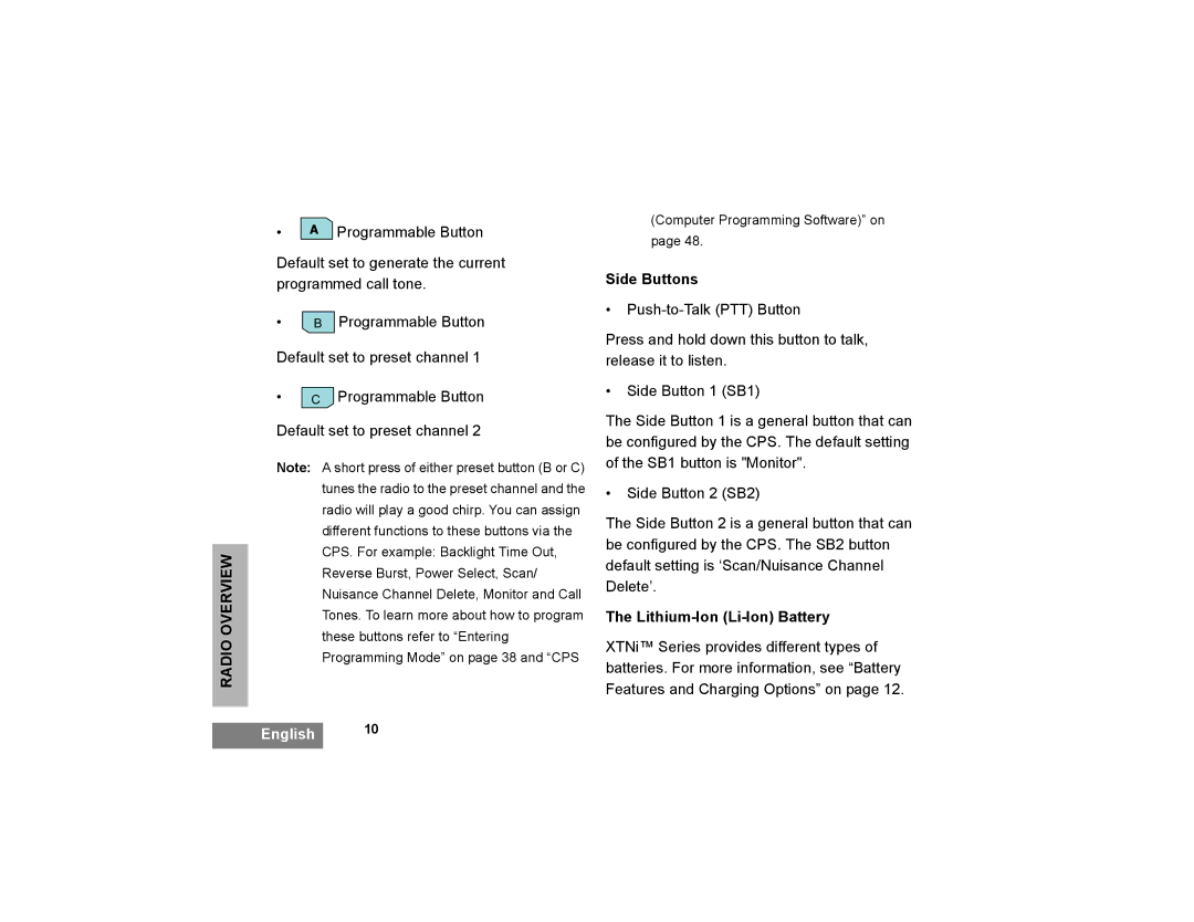 Motorola XTNi Series manual Side Buttons, Lithium-Ion Li-Ion Battery 