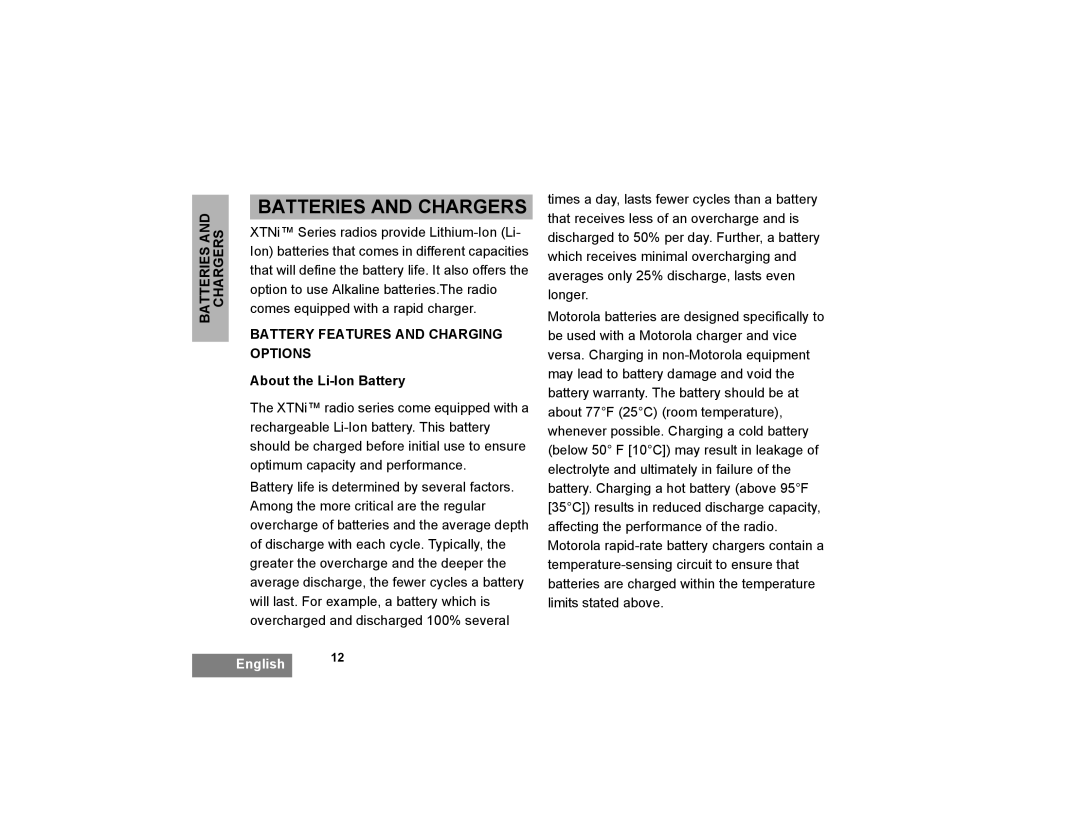 Motorola XTNi Series manual Batteries and Chargers, Battery Features and Charging Options, About the Li-Ion Battery 