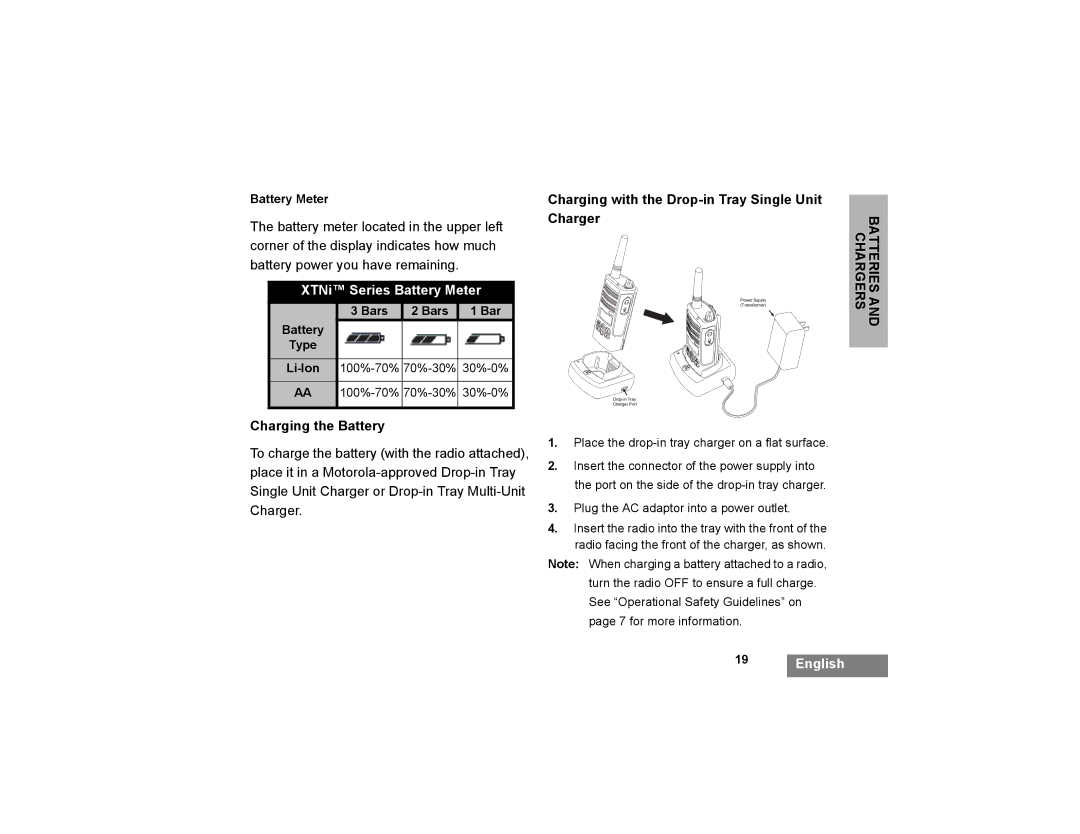 Motorola XTNi Series manual Charging the Battery, Charging with the Drop-in Tray Single Unit Charger 