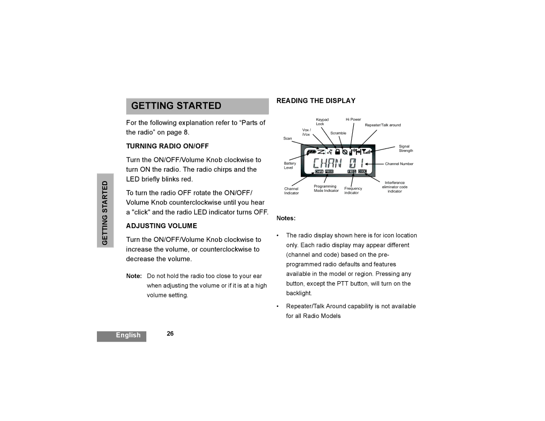 Motorola XTNi Series manual Getting Started, Turning Radio ON/OFF, Adjusting Volume, Reading the Display 