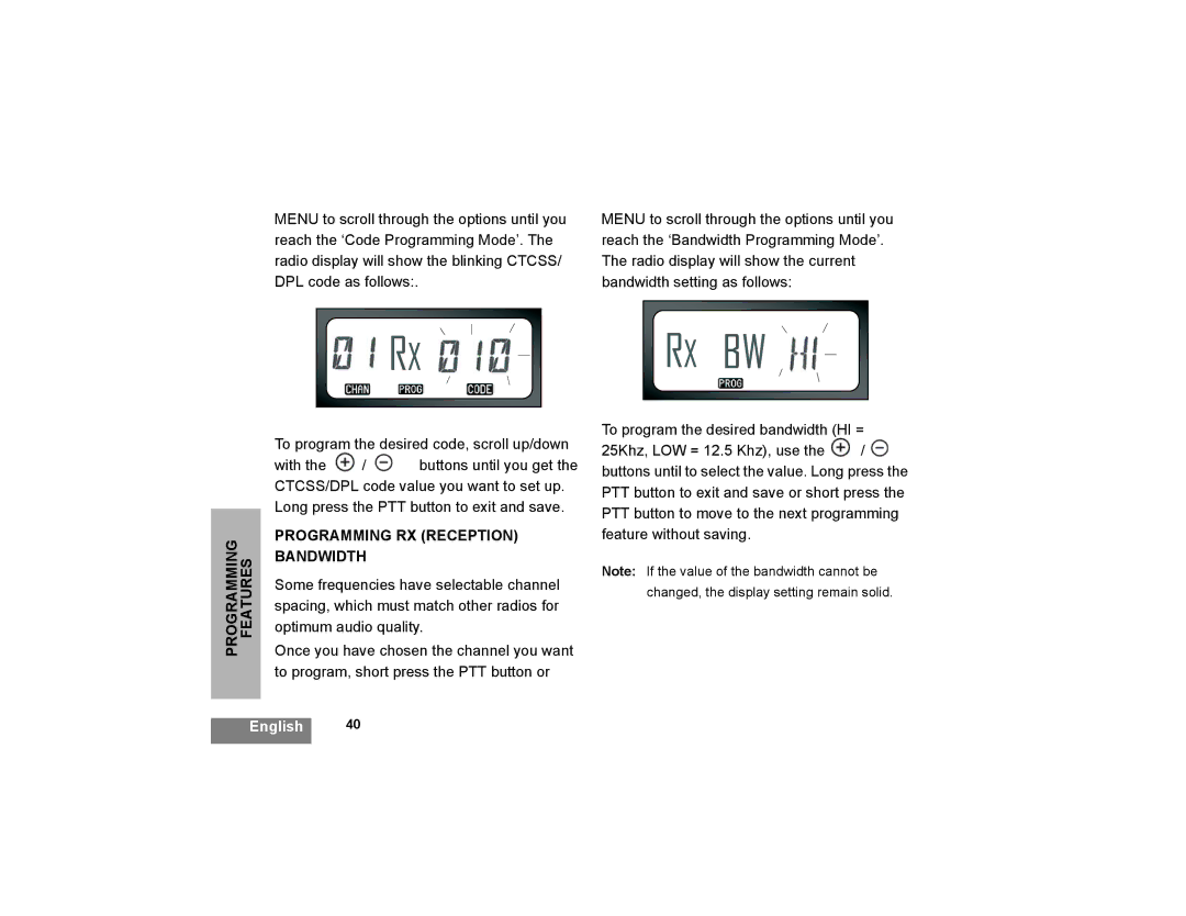 Motorola XTNi Series manual Rx Bw, Programming RX Reception Bandwidth 