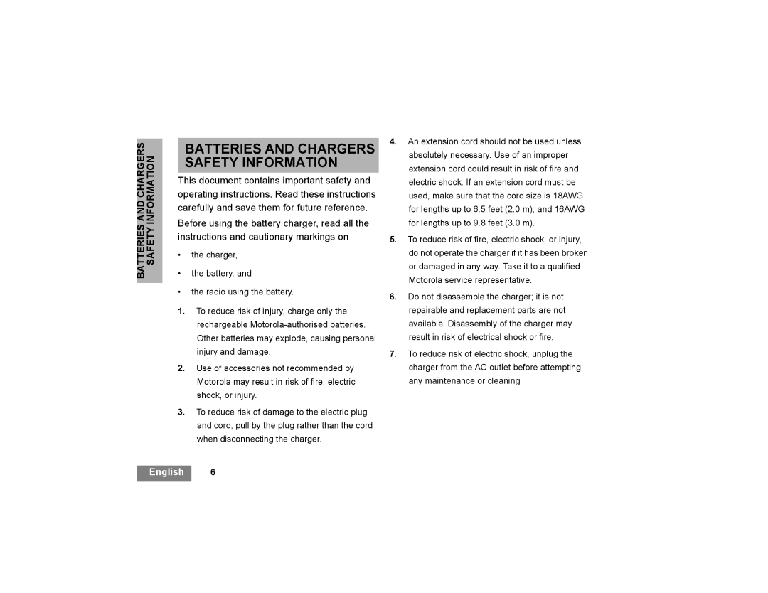 Motorola XTNi Series manual Batteries and Chargers Safety Information 