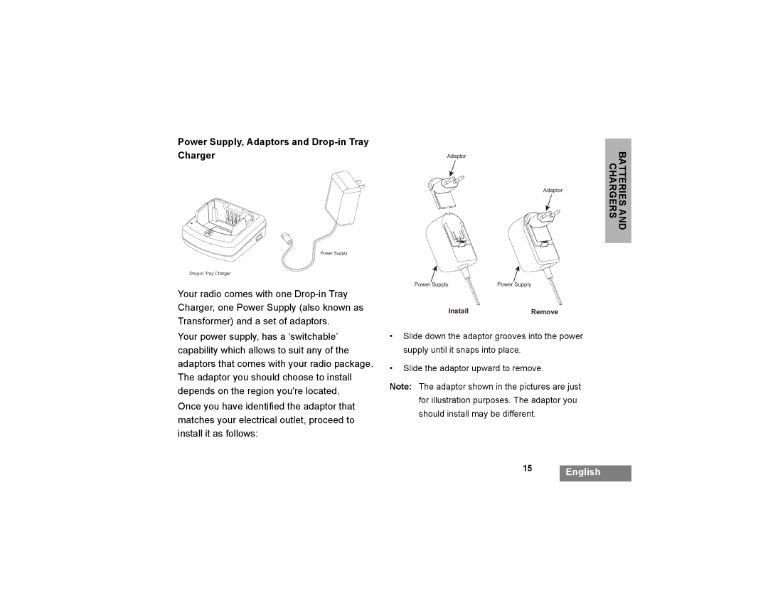 Motorola XTNI manual Power Supply, Adaptors and Drop-in Tray Charger 