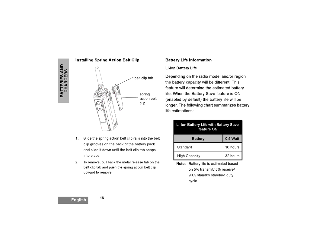 Motorola XTNI manual Installing Spring Action Belt Clip, Battery Life Information 